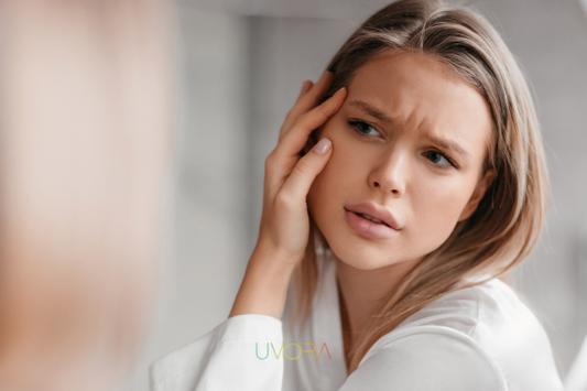 Young woman looking in mirror touching face – noticing early wrinkles and exploring collagen for skin aging