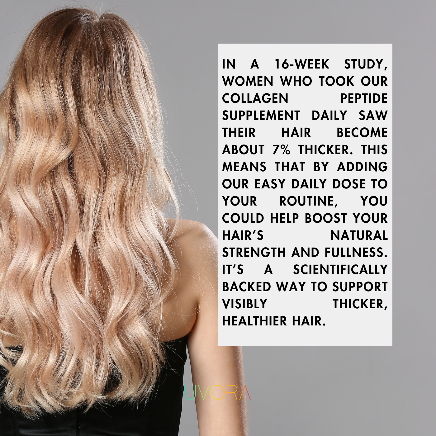 Uvora Beauty collagen type I peptides - for menopausal hair loss – promotes stronger hair and boosts strength and fullness.