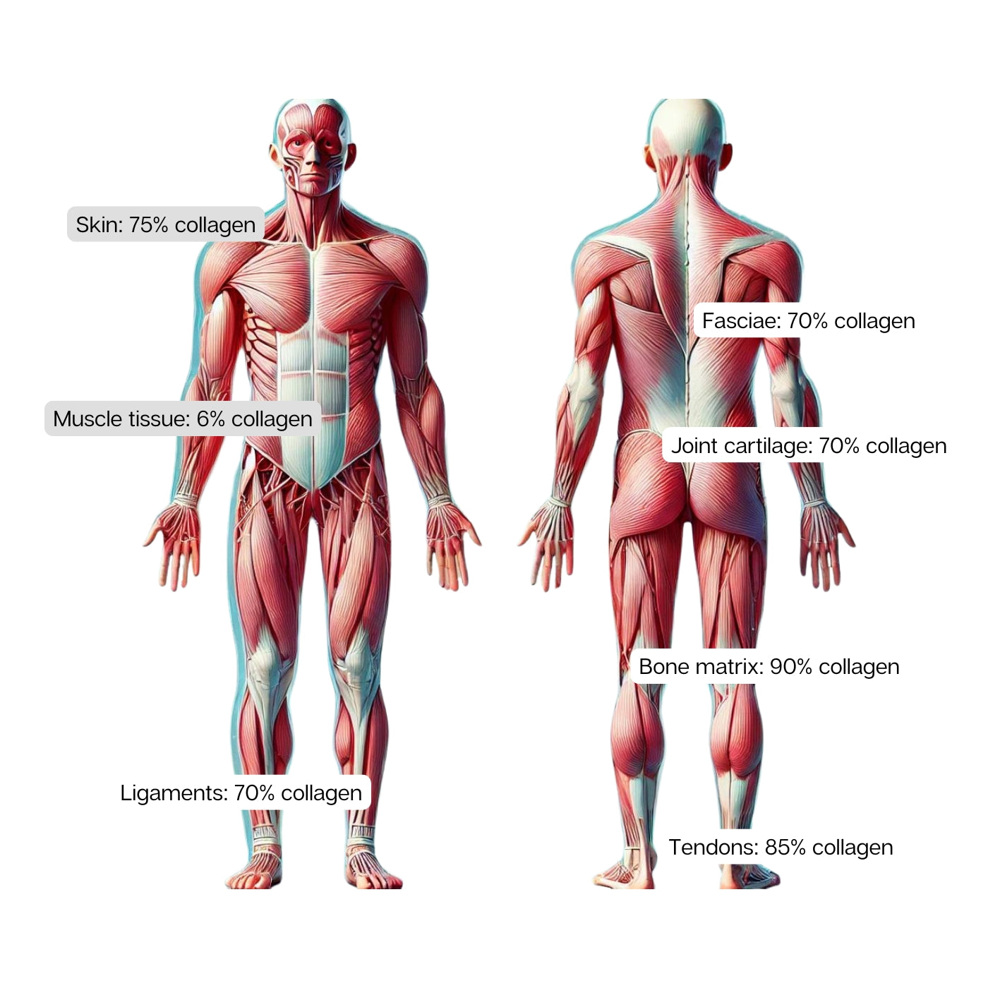 Diagram of collagen in the body – showing collagen percentages in bones, tendons, skin, and cartilage.