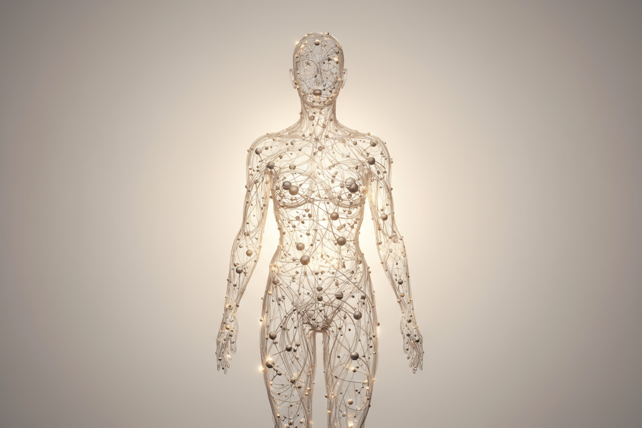 Create a clean, modern hero image showing a human silhouette made of collagen fiber lines or molecules, symbolizing strength and renewal — soft neutral background with warm lighting.